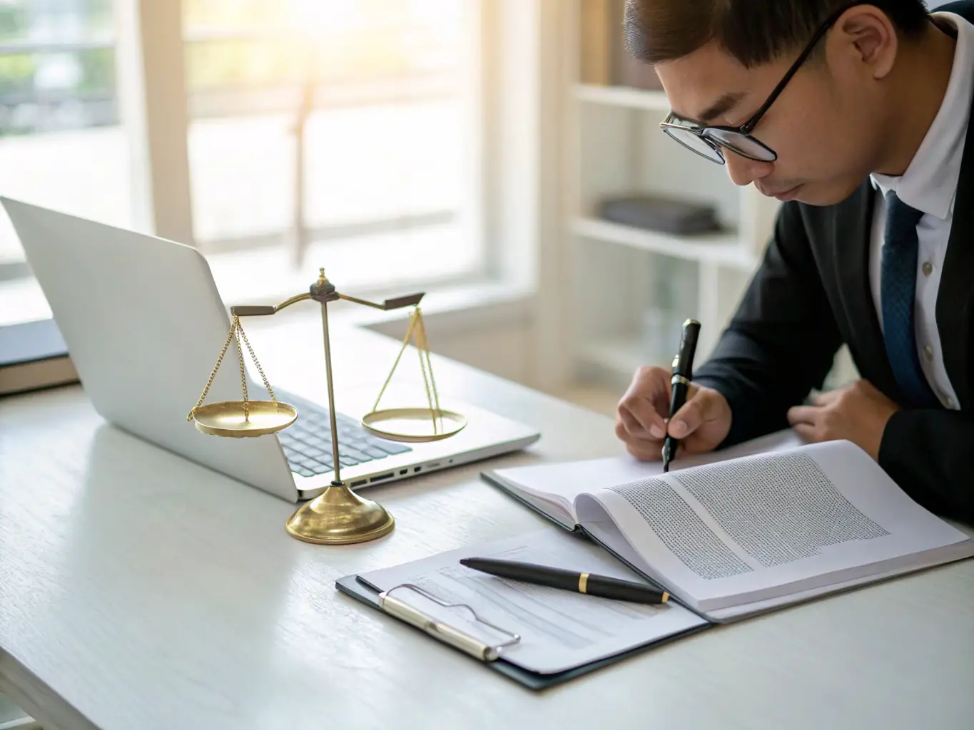 A professional legal consultant reviewing documents with a Mexican flag subtly displayed in the background, symbolizing cross-border legal coordination and expertise.